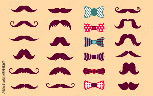 Set with various mustaches and bows. Cute collection of icons in flat style. Vector illustration with separate textures on items.