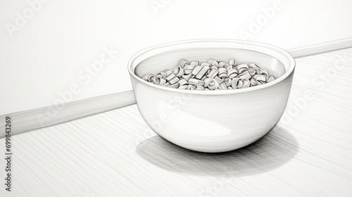  a drawing of a bowl of cereal sitting on a table next to a pencil drawing of a strip of paper.