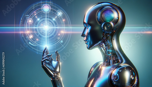 Abstract metallic humanoid figure using futuristic AI tools in a cool-toned minimalist background.