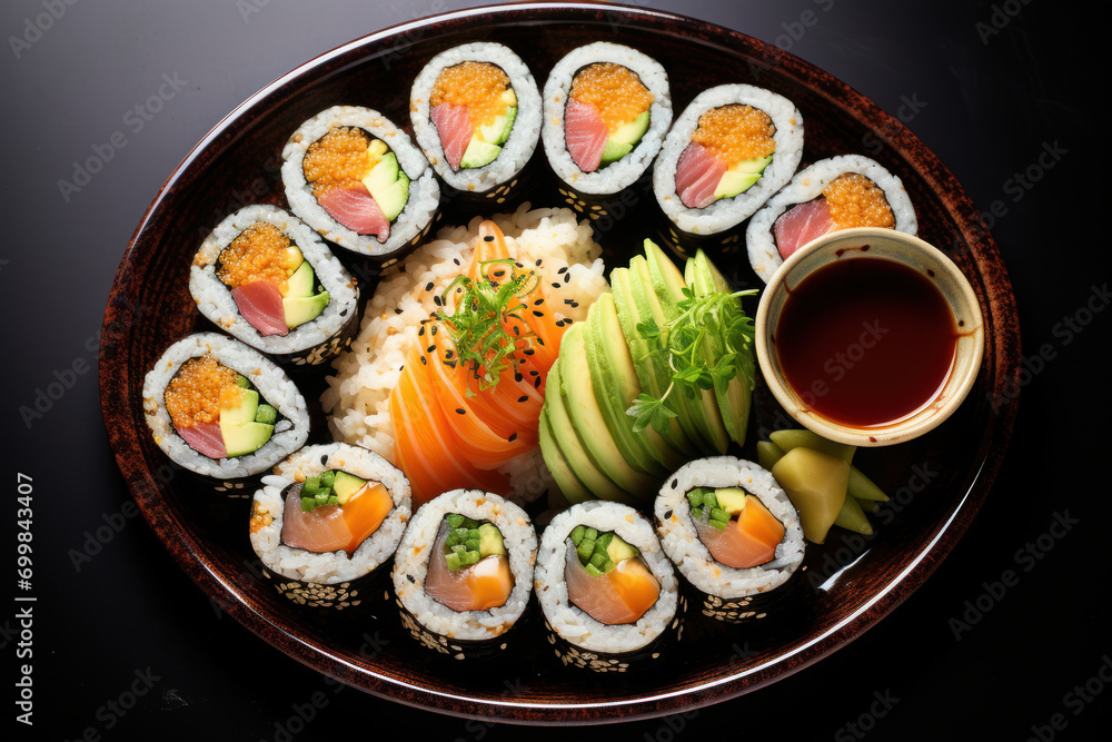 A colorful platter of vegan sushi rolls arranged with pickled ginger and soy sauce. Concept of a diverse and cruelty-free sushi selection. Generative Ai. A colorful platter of vegan sushi rolls arranged with pickled ginger and soy sauce. Concept of a diverse and cruelty-free sushi selection. Generative Ai.