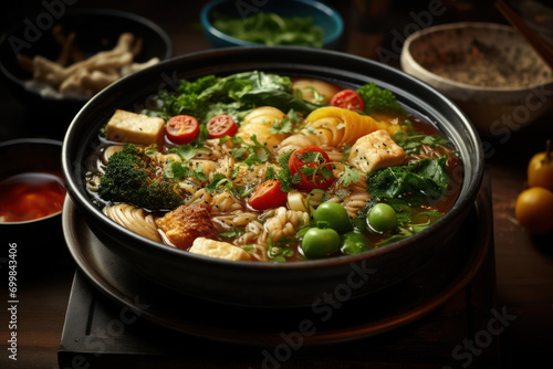 A person holding a bowl of vegan ramen with miso broth, tofu, and an assortment of vegetables. Concept of a comforting and plant-based noodle dish. Generative Ai.