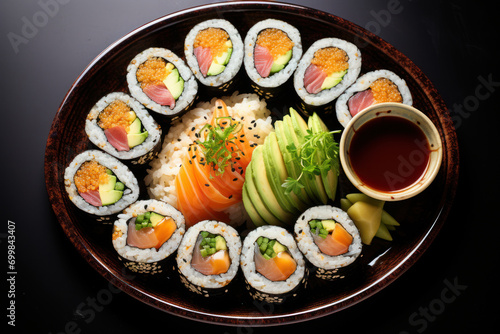 A colorful platter of vegan sushi rolls arranged with pickled ginger and soy sauce. Concept of a diverse and cruelty-free sushi selection. Generative Ai.