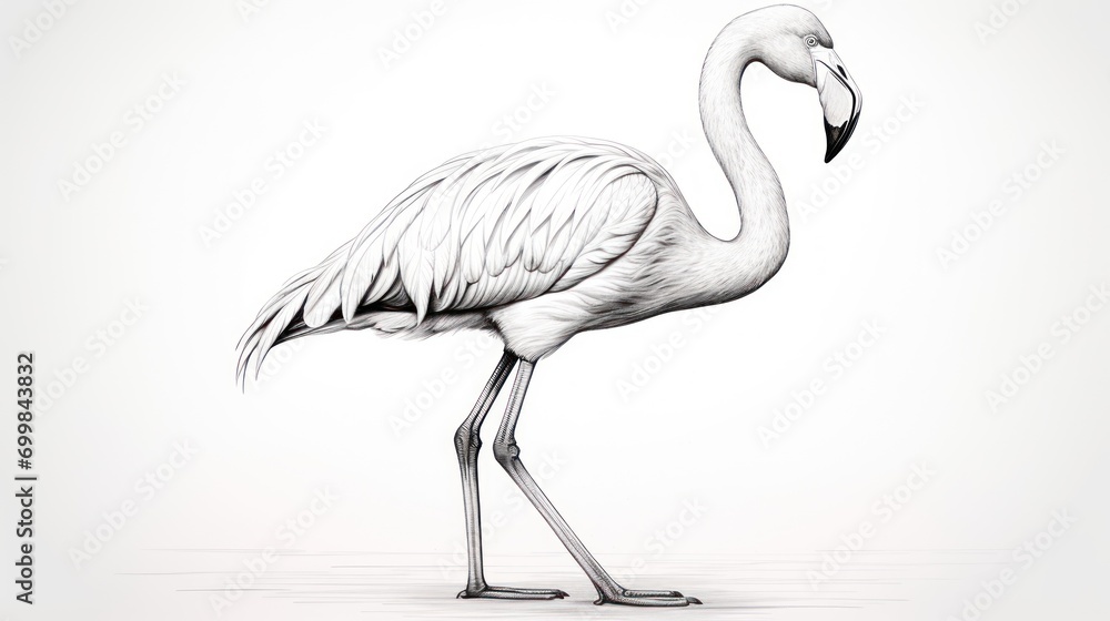 Fototapeta premium a black and white drawing of a flamingo standing on one leg and it's head turned to the side.