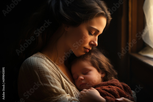A mother and her newborn sharing a tender moment, illustrating the beauty of maternal love and connection. Generative Ai.