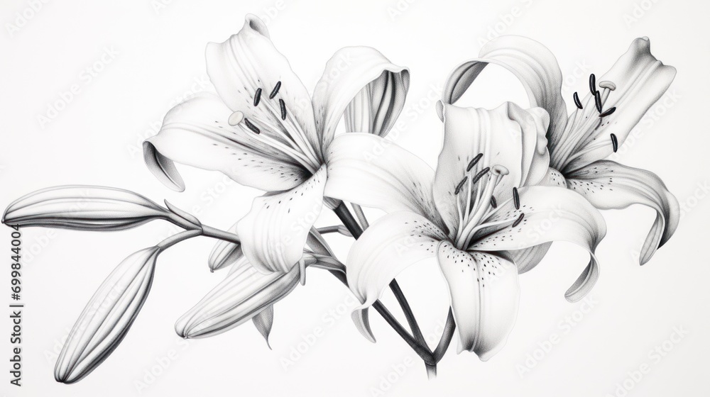  a black and white photo of a bunch of lilies on a white background with a black and white border.