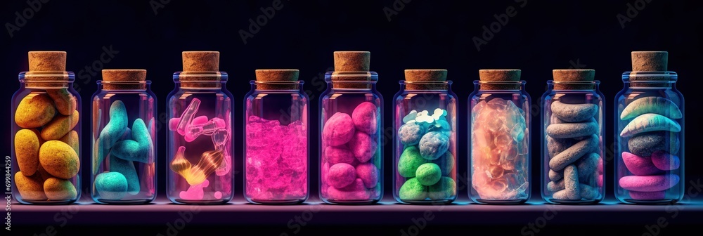 Various medicine bottles with colorful pills, concept of Pharmaceutical diversity