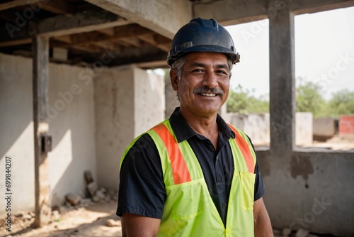 Aged and experienced Hispanic construction foreman worker in a developing area with architecture and infrastructure