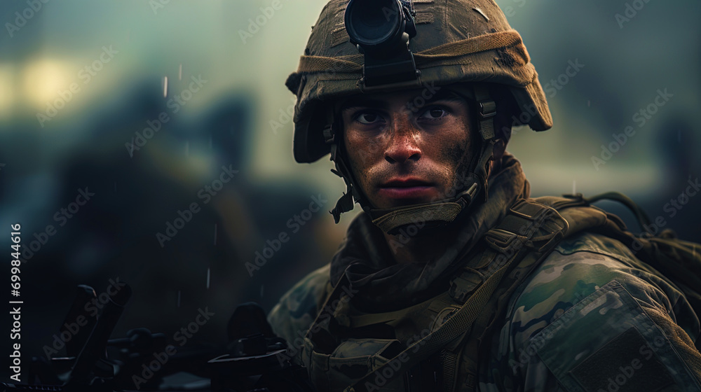 A picture of a soldier in combat equipment with a tense expression on his face A picture of a soldier in combat equipment with a tense expression on his face