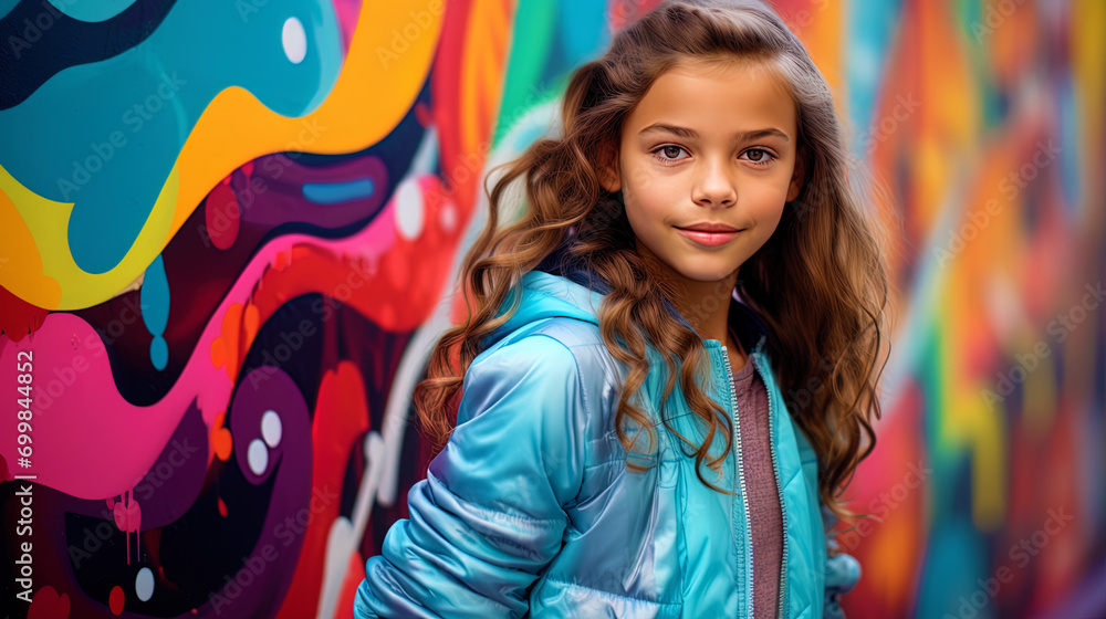 A photograph of a cute girl posing in front of the colored walls of street graffiti