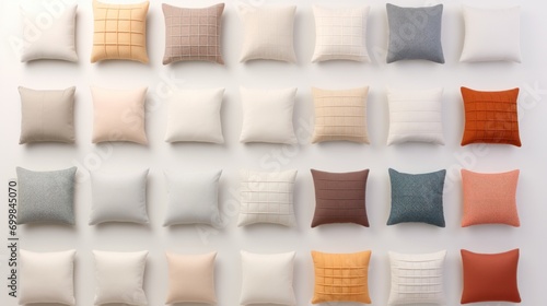  a collection of different colored pillows arranged in a grid pattern on a white background, each with a different color of the same pillow. photo