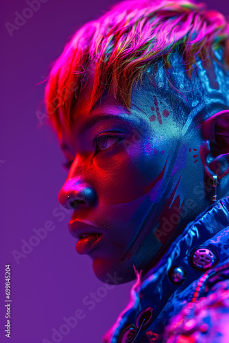 Portrait of Woman with cybernetic and colorful neon hair in a blue and purple outfit, light pink and red, mechanized forms, elegant, emotive faces