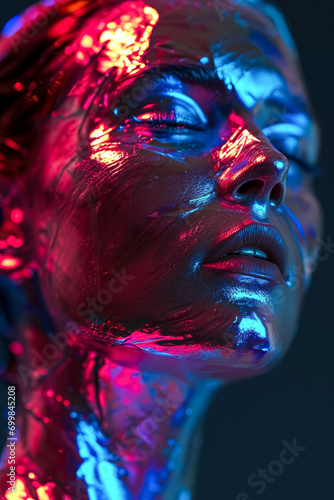 Woman painted with Abstract neon digital realism, elegant, emotive face, pink and blue, shiny/glossy, shallow depth of field, futuristic design.