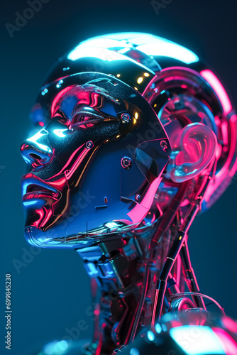 Portrait of a female robot in a blue and pink tint, light red and light magenta, glossy finish, fluid figuratism, realistic depictions of human form, smooth curve.