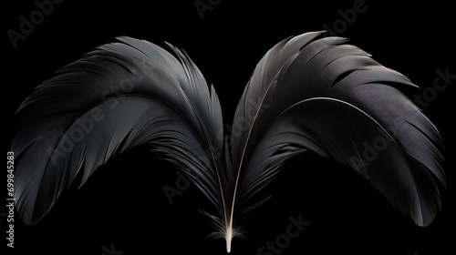  a close up of a black bird's feathers on a black background with a light shining through the feathers.