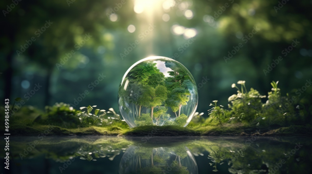  a glass ball sitting in the middle of a forest filled with lots of green plants and a lake in front of it. - obrazy, fototapety, plakaty 