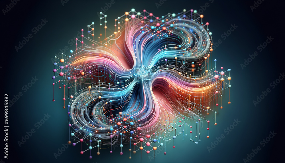 Abstract RNN network with flowing data streams in calming pastel gradients. Abstract RNN network with flowing data streams in calming pastel gradients.