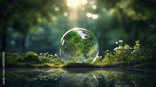  a glass ball sitting in the middle of a forest filled with lots of green plants and a lake in front of it.