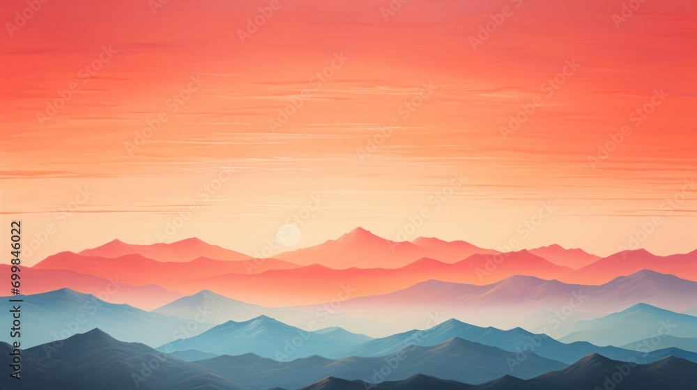  a painting of a sunset over a mountain range with a bird flying in the foreground and the sun in the distance.