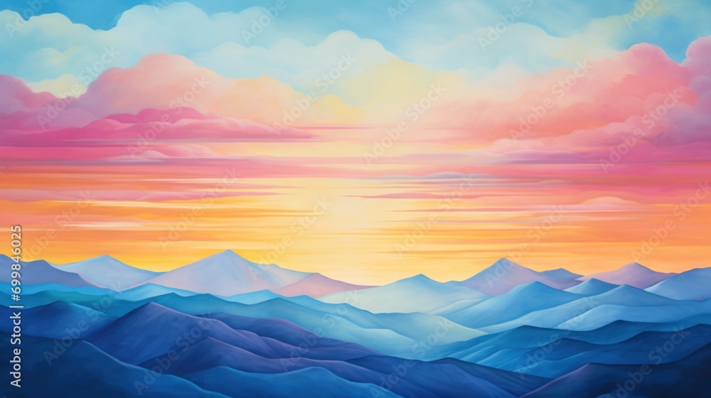  a painting of a sunset over a mountain range with blue and pink mountains in the foreground and clouds in the background.