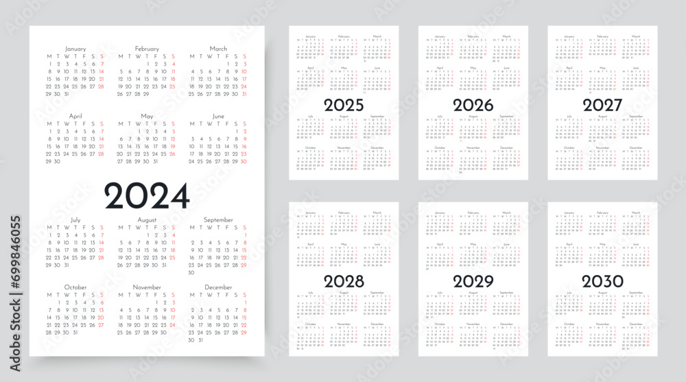 Vecteur Stock 2024, 2025, 2026, 2027, 2028, 2029, 20230 years calendar