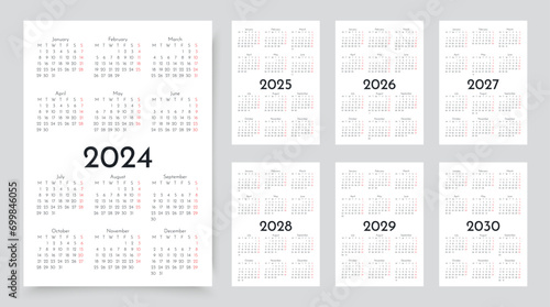 2024, 2025, 2026, 2027, 2028, 2029, 20230 years calendar. Pocket or wall calendars. Simple calender layouts. Week starts Monday. Planner template with 12 month. Yearly organizer. Vector illustration