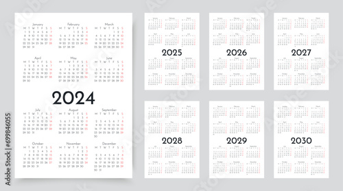 2024, 2025, 2026, 2027, 2028, 2029, 20230 years calendar. Pocket or wall calendars. Simple calender layouts. Week starts Monday. Planner template with 12 month. Yearly organizer. Vector illustration photo