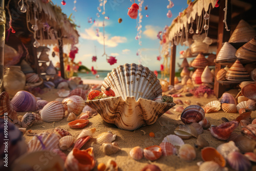 A crab hosting a beach party with seashell decorations, showcasing the festive side of crustacean celebrations. Concept of crab beach bash. Generative Ai.