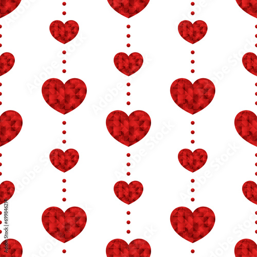 Red ruby hearts and dots on white background. Vector seamless pattern. Best for textile, wallpapers, wrapping paper, package and St. Valentine's Day decoration.