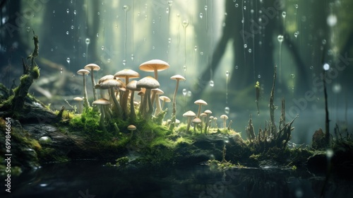  a group of mushrooms sitting on top of a lush green forest covered in raindrops on top of a moss covered forest floor. photo