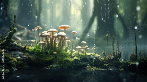  a group of mushrooms sitting on top of a lush green forest covered in raindrops on top of a moss covered forest floor.