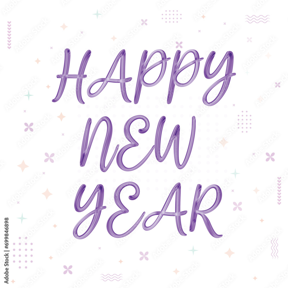 happy new year 2024 banner poster purple with geometric shapes stars flowers for social media websites and other print media, fully isolated vector graphic illustration, Happy New Year Lettering text