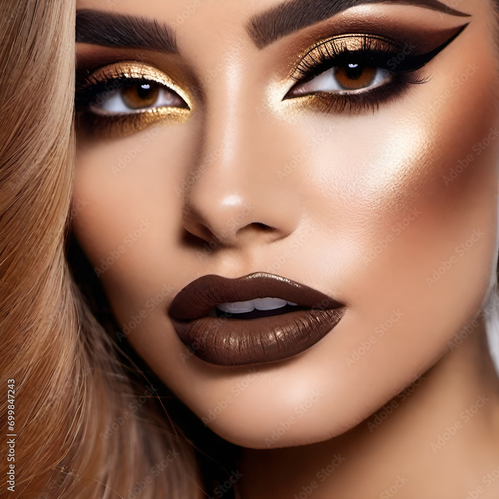 Womans face with brown eye shadow and lipstick Womans face with brown eye shadow and lipstick