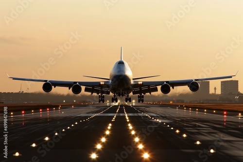 A big passenger jet landing at an airport.