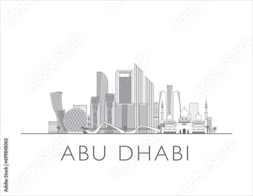 Abu Dhabi, UAE cityscape line art style vector illustration in black and white