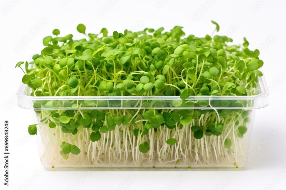 Fresh Green Microgreens in a Clear Container. Isolated on white background. Ideal for food blogs, nutrition websites, and gardening content. Fresh Green Microgreens in a Clear Container. Isolated on white background. Ideal for food blogs, nutrition websites, and gardening content.