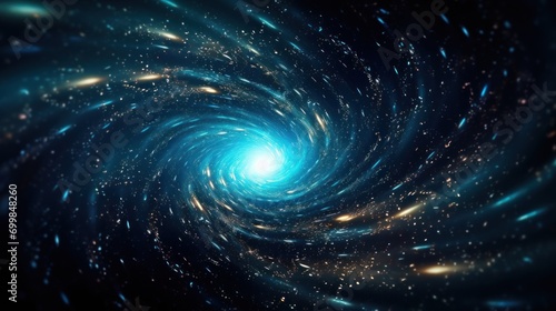 Spiral rotating Black Hole in cosmos in background of shining stars, in blue turquoise colors. Big Bang. Spiral galaxy. Ideal for backgrounds or space-themed content.