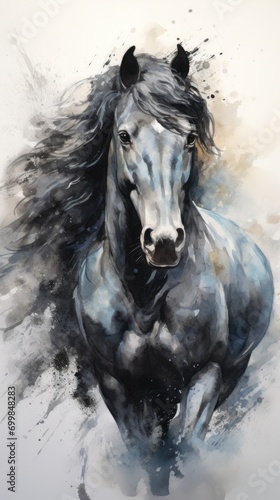 Black Horse. Illustration in watercolor style. Concept of freedom and beauty of wild animal. Perfect for equestrian enthusiasts, art collectors, wall art, web design, print on items. Vertical format