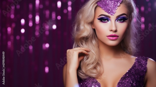 Young elegant glamorous blonde with bright makeup in a festive purple sequin dress on a sparkling purple background. Banner with copy space. Ideal for fashion, event promotions, or luxury content.