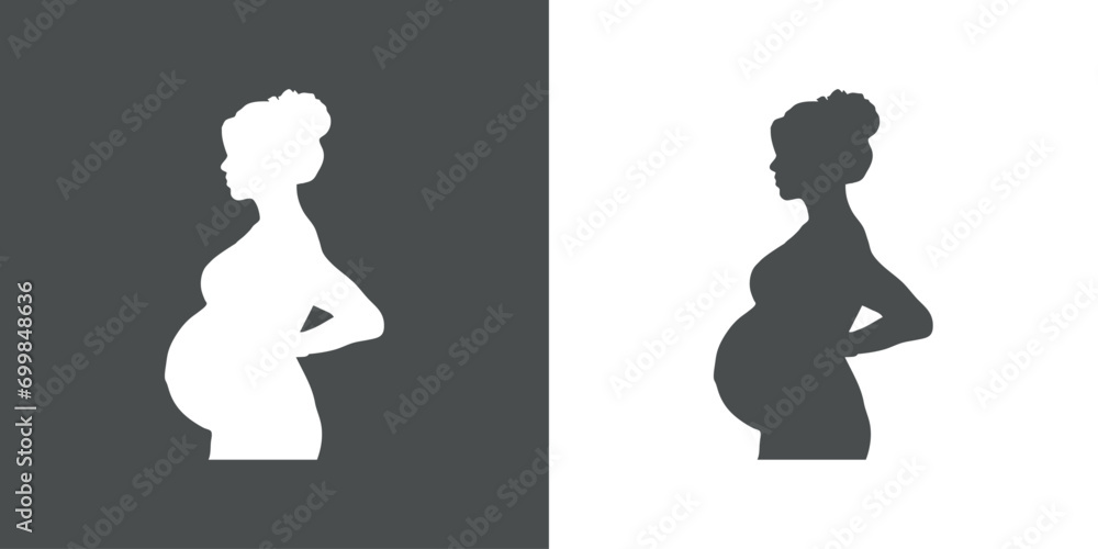 Silueta aislada de mujer embarazada desnuda de pie con mano en la cadera de perfil - obrazy, fototapety, plakaty 