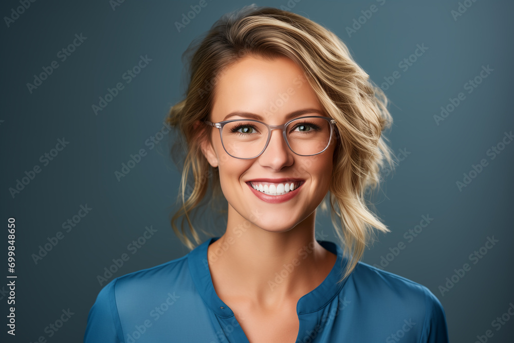 A woman in glasses with a stylish long hairstyle, wearing a blue shirt on the blue background A woman in glasses with a stylish long hairstyle, wearing a blue shirt on the blue background