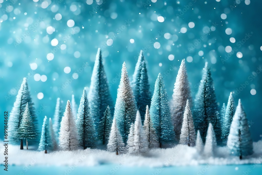 Magical miniature winter wonderland banner. Evergreen christmas trees on shiny blue background -