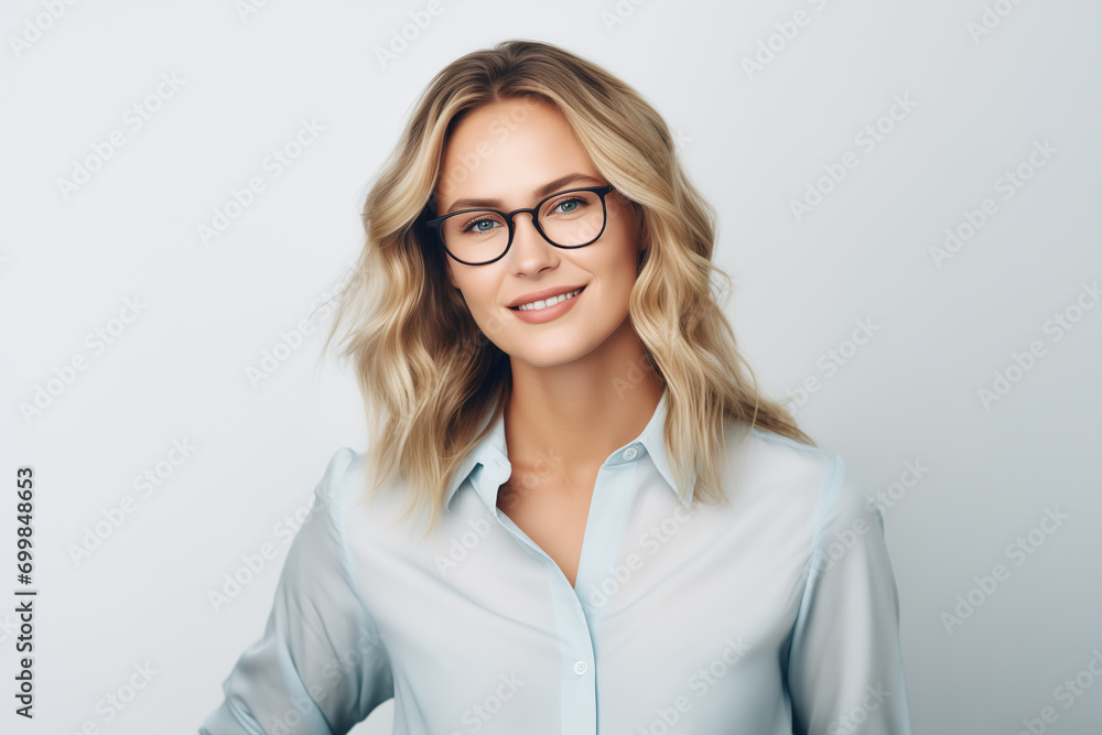A woman with glasses with a stylish long hairstyle, a blue shirt. Highlighted on a white background