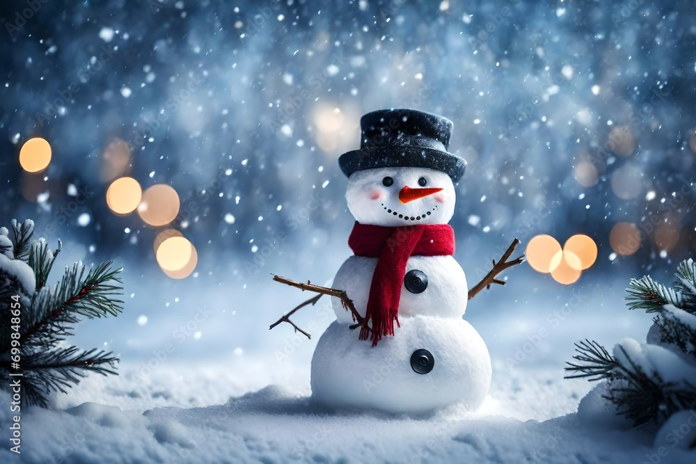 Merry christmas and happy new year greeting card with copy-space.Happy snowman standing in winter christmas 
