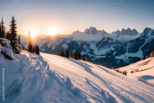 Idyllic winter mountain landscape in the Alps at sunset  © Malik