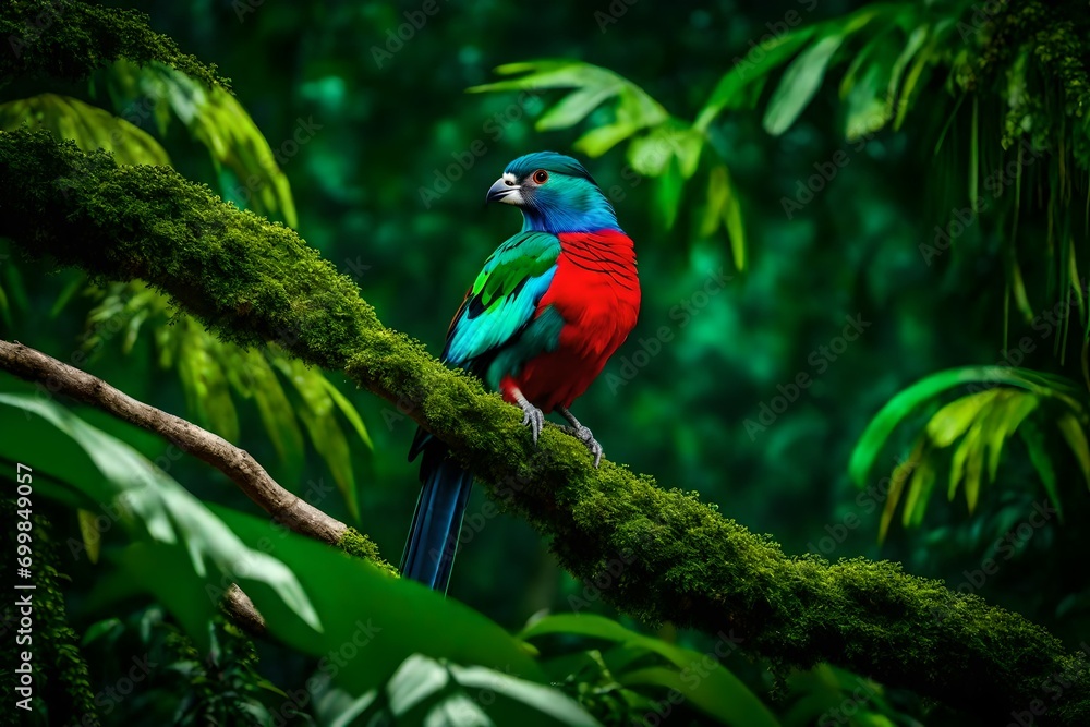 Beautiful bird in nature tropic habitat. Resplendent Quetzal, Pharomachrus mocinno, Savegre in Costa Rica, with green forest backg