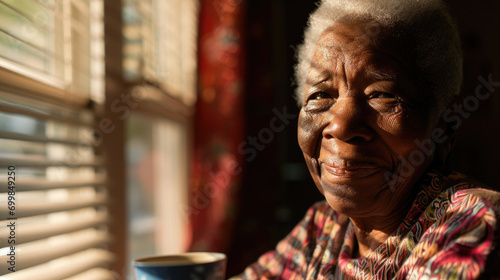 Older African-American woman sitting in coffee Shoppe coordinate with a beautiful smile looking toward camera with lights on window coming through blinds