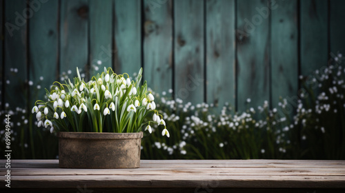Snowdrops in a vintage pot, a rustic and charming celebration of early spring. © Liana