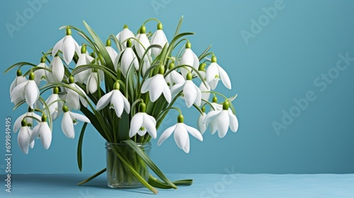 Crystal clear vase of snowdrops on a cool blue surface, a symbol of purity and renewal. photo