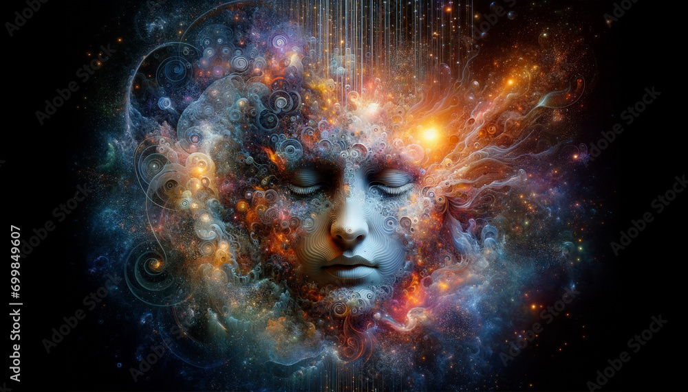 Surreal AI Portrait: Serene face intertwined with abstract digital patterns. Surreal AI Portrait: Serene face intertwined with abstract digital patterns.