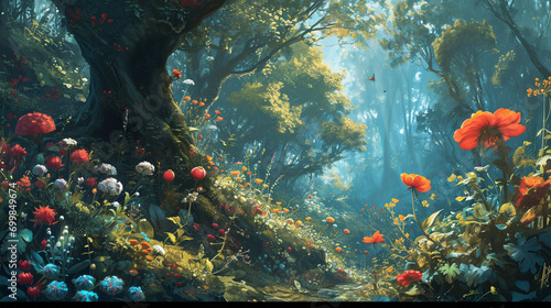 Whimsical Wonderland Reverie:  A fantastical scene of a dreamlike wonderland, complete with talking creatures, vibrant flora, and enchanting landscapes photo